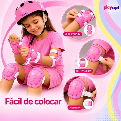 Kit Proteção Infantil 7 Peças Completo Capacete Joelheiras Cotoveleiras Munhequeiras Ajustável para Bicicleta Bike Patins Skate Patinete Ciclismo Menina Rosa