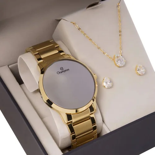 Kit Relógio Feminino Champion Digital CH40142B 42 Milímetros Dourado Display Espelhado Led Branco Prova D´Agua 50m com Colar e Brincos