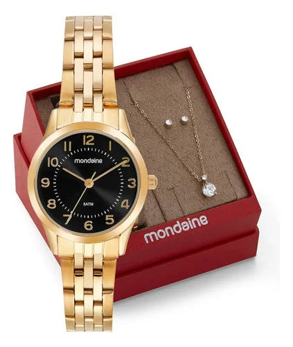Kit Relógio Mondaine Feminino Dourado E Preto 32796lpmkde2k1