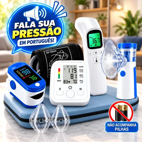 Kit Saude Nebolizador Termometro Oximetro Medidor De Pressão Branco Pilha