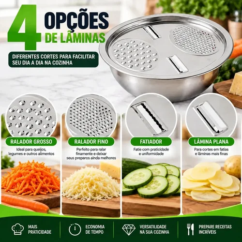 Kit Tigela Inox 6 Em 1 Ralador Cortador Bowl Multifuncional Macarrão Alimentos