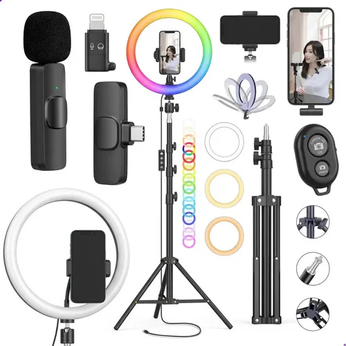 Kit Youtuber Profissional Ring Light RGB 26cm Tripé 2,10m Microfone Lapela Bluetooth Dreamfull