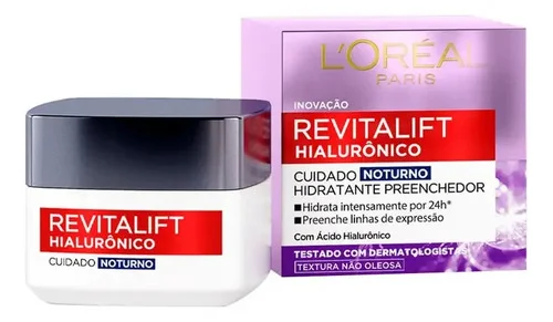 L'Oréal Paris Revitalift Hialurônico Creme Facial Noturno, com Ácido Hialurônico Puro, Com textura leve, preenche linhas de expressão e hidrata a pele intensamente por 24h, 49g