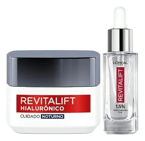 L'Oréal Paris Revitalift Hialurônico Kit Skincare Anti-Idade, com Sérum Preenchedor 30ml + Creme Facial Noturno, Ácido Hialurônico para Hidratação e Redução de Rugas 49g
