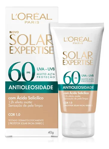 L'Oréal Paris Solar Expertise Antioleosidade, Protetor Solar Facial com FPS 60, 12h de Efeito Matte com Ácido Salicílico, Cor 1.0, 40g