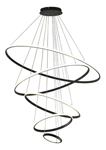 Lustre Pendente Moderno Anéis 5 Arcos Pe Direito Duplo Alto Cor Preto 110V/220V