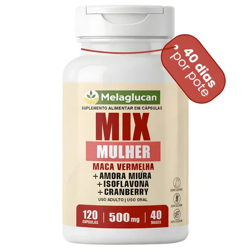 Maca Peruana Vermelha + Amora Miúra + Isoflavona + Cranberry 500mg 120 Cápsulas Suplemento Alimentar Melaglucan Lepidium Meyenii Morus Nigra 40 Doses Zero Lactose Zero Glúten Zero Açúcar Sem Sabor