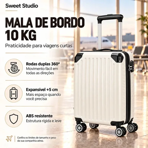 Mala de Bordo Rígida Sweet Studio Malas ABS 360° para Viagem Bege 2075