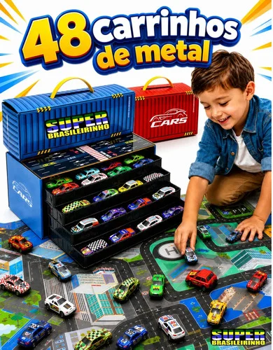 Maleta 48 Carrinhos + Tapete Pista 40x60 Estacionamento Brinquedo Infantil Presente Criança - Super Brasileirinho