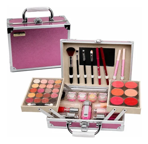 Maleta De Maquiagem Completa Lapis Gloss Sombra Blush Pincel Rosa