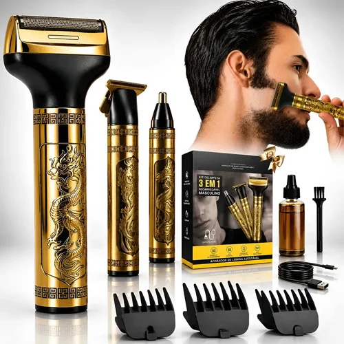 Maquina Maquininha Dragão 3 Em 1 Cortar Cabelo Fazer Barba E Aparar Pelo Do Nariz Recarregável Usb Tipo C Silenciosa Masculina Portátil Profissional Motor Potente Com Pentes E Design Exclusivo