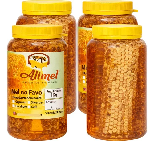 Mel Puro - 4 Potes De 1 Kg  Com Favos - Promoção