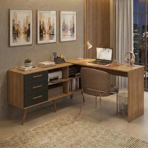 Mesa de Escritório em L com 3 Gavetas Porto Multimóveis MP6044 Madeirado/preto