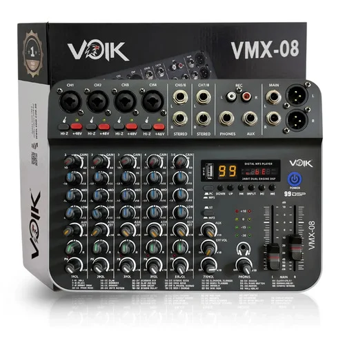 Mesa De Som 8 Canais Voik VMX-08 USB Bluetooth 99 Efeitos Interface de Áudio Live Streaming 48v Phantom Power HI-Z Processamento Digital Bivolt 110v/220v