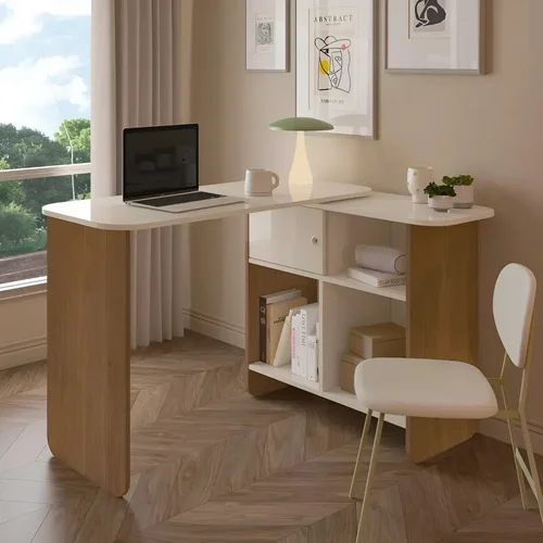 Mesa Escritório Mdf Escrivaninha Flexível Com Tampo Rotativo Cinamomo/off White