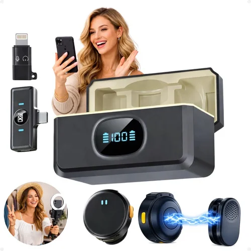 Microfone Lapela Redondo Sem Fio Duplo Imã iPhone E Android Preto