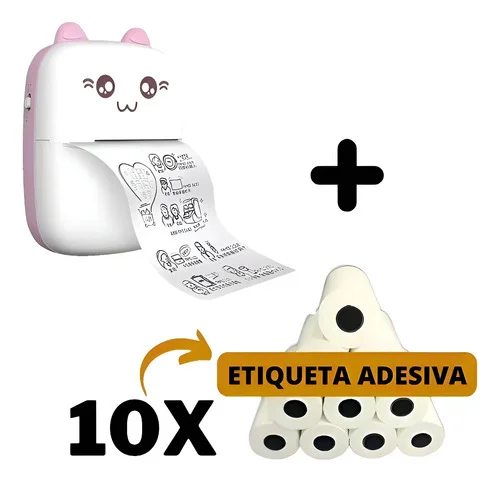 Mini Impressora Bluetooth Gatinho Rosa + 10 Rolos Adesivos