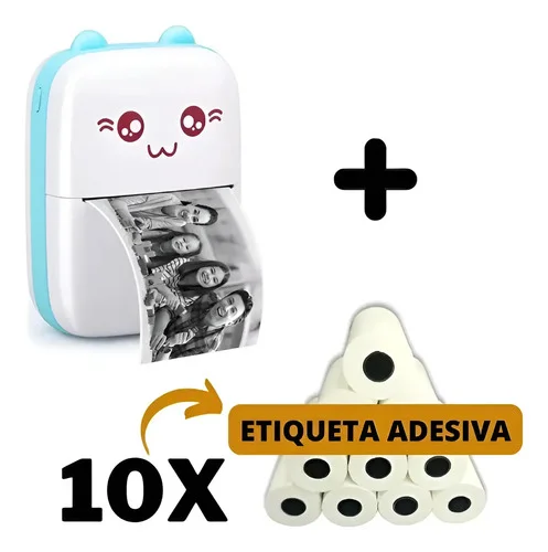 Mini Impressora Bluetooth Gato Azul-celeste + 10 Rolos Adesivos