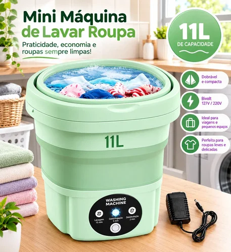 Mini Maquina De Lavar Roupa Centrifuga 11l Dobravel Portatil 127/220v Verde