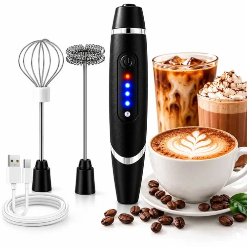Mini Mixer Elétrico Recarregável USB 3 Velocidades – Espumador de Leite Profissional em Aço Inoxidável – Misturador Portátil para Cappuccino, Café, Matcha, Shakes e Ovos
