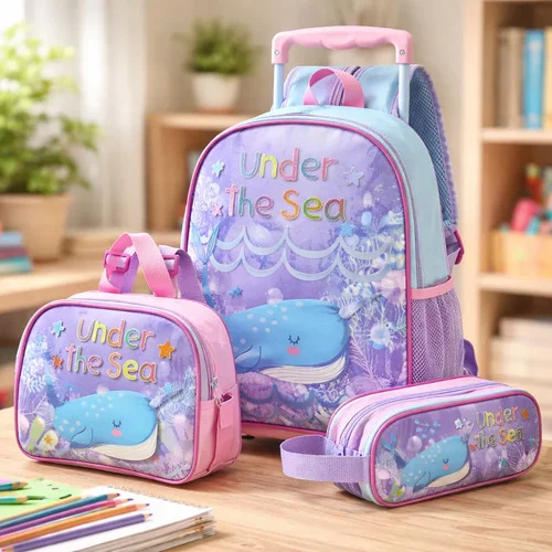 Mochila Escolar Infantil + Lancheira E Estojo Mar E Baleia Azul Baleia