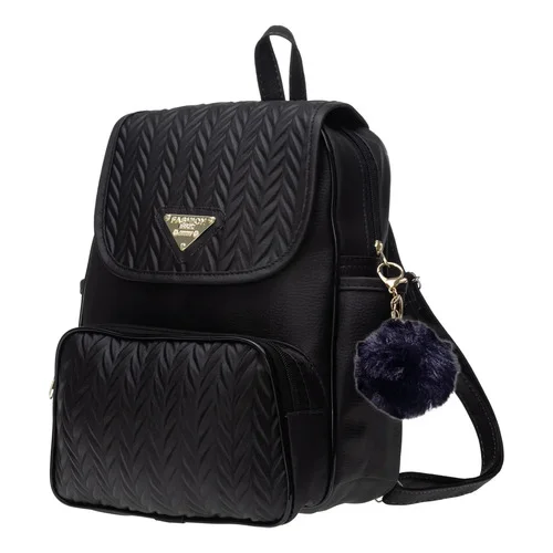 Mochila Feminina Bolsa Escolar Reforçada Trabalho C/ Pompom Preto Estampado