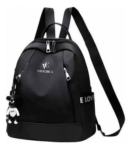 Mochila Feminina Vavichica Mochila De Livro Pequeno Mochila Cor Preto tecido de oxford Com um pingente de ursinho