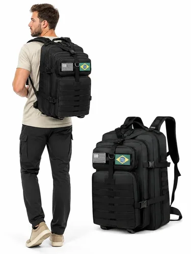 Mochila Grande Tática Militar Impermeável Reforçada 50 Litros Trilhas Viagens Camping Cor Preto