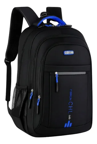 Mochila Masculina Grande Impermeável Notebook Reforçada Usb Preto E Azul Liso