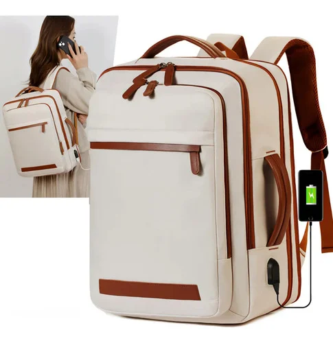 Mochila Reforçada Expansível Executiva Viagem Trabalho Mala Bege