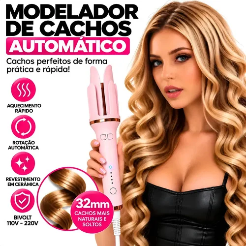 Modelador De Cachos Automático Giratório 32mm Bivolt Rosa Rosa 127/220v