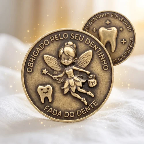 Moeda Fada Dente De Leite Fairy Tooth Medalha Infantil Ouro Envelhecido Menino E Menina