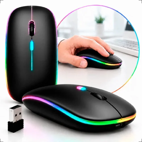 Mouse Sem Fio Recarregável Wireless Bluetooth Optico Led Rgb Ergonômico Para Pc Desktop Notebook Tablet Smartphone Preto