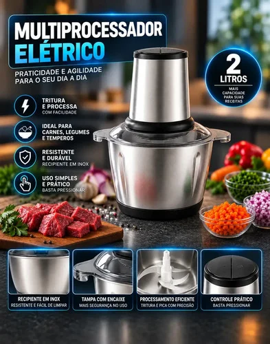 Multiprocessador Elétrico 2L 400W Inox Triturador Moedor Picador de Alimentos para Carne Legumes Alho Temperos Cozinha Hardline