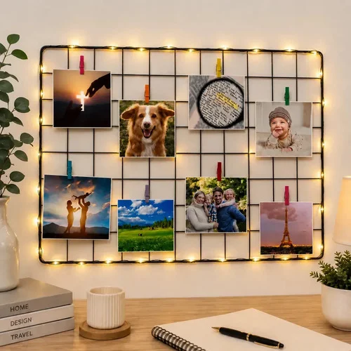 Mural De Fotos Memory Board Painel Aramada Com Led 40x60 Preto Lisa