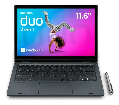 Notebook 2 em 1 Positivo Duo Intel Celeron N4500 4GB RAM 128GB SSD Windows 11 Home - Tela 11" HD IPS Touch com Caneta Capacitiva – Cinza
