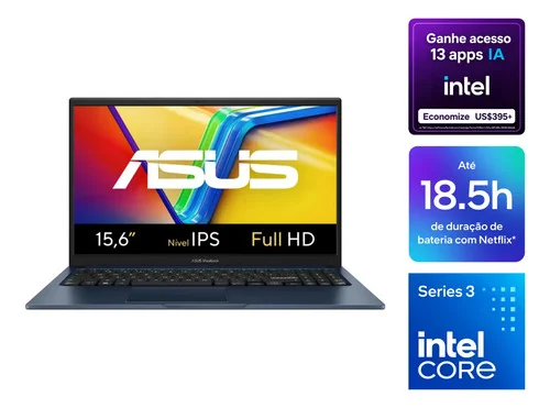 Notebook ASUS Vivobook 15, AI PC, Intel Core 5, 8GB RAM, 256GB SSD, W11 Home, Tela 15.6'' IPS FHD, Quiet Blue - X1504MA-BQ299W