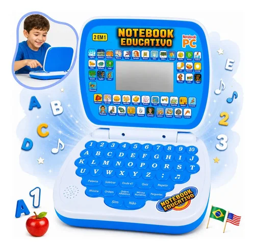 Notebook Infantil Educativo Bilíngue Português e Inglês Laptop Infantil Menino e Menina com Letras Números Palavras e Música Computador de Brinquedo Azul Kizumba