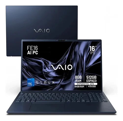 Notebook VAIO FE16 AI PC Intel Core 3 304 - 8GB RAM 512GB SSD Linux DDR5 Wi-Fi 6 - Tela 16" WUXGA IPS Antirreflexo - AI PC com até 15 TOPs – Permite expansão de RAM e SSD