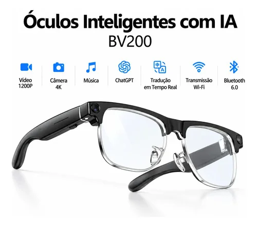 Óculos Inteligente Ai Bv200 Chatgpt Câmera 8mp Bluetooth Branco Preto Standard