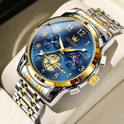 Olevs Relógio Masculino Aços Inoxidáveis Original  2900 Prateado Dourado Azul