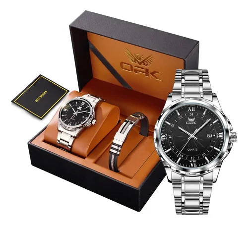 Opk Conjunto De Relógio E Pulseira Masculino Luxo 6003 Prateado Preto