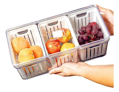 Organizador De Geladeira Grande Com 3 Cestos de Drenagem 6,8 L