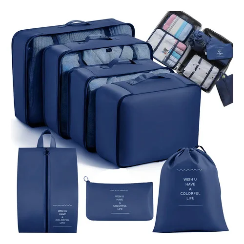 Organizador De Malas Bolsas De Viagem Kit Necessaire 7 Cor Azul-escuro Desenho Do Tecido Liso