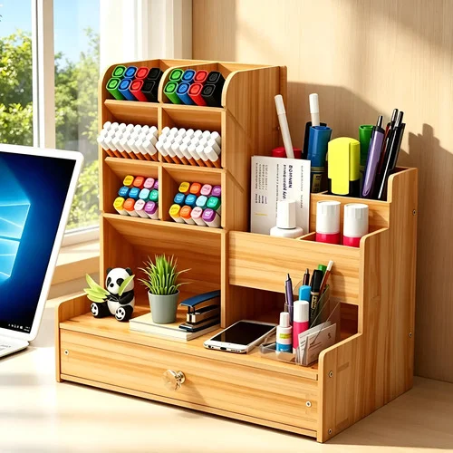 Organizador De Mesa Porta Canetas Lápis Cerejeira Com Gaveta