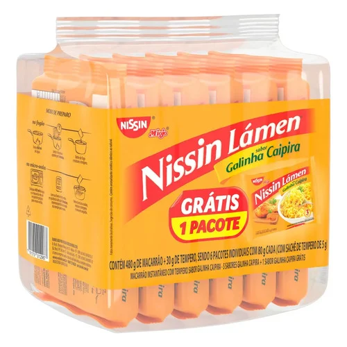 Pack Macarrão Instantâneo Lámen Galinha Caipira Nissin Miojo Pacote 510g 6 Unidades Grátis 1 Pacote