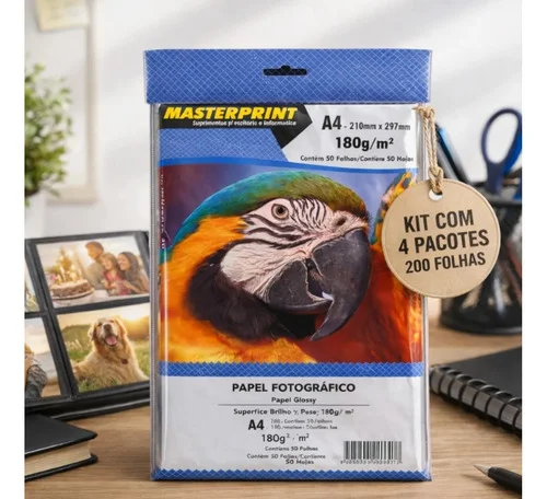 Papel Fotográfico 180g Glossy A4 Masterprint Kit 200 Folhas Branco