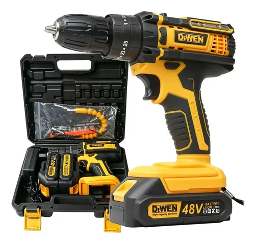 Parafusadeira Furadeira 48v Profissional 2 Baterias Sem Fio Amarelo - Dewen