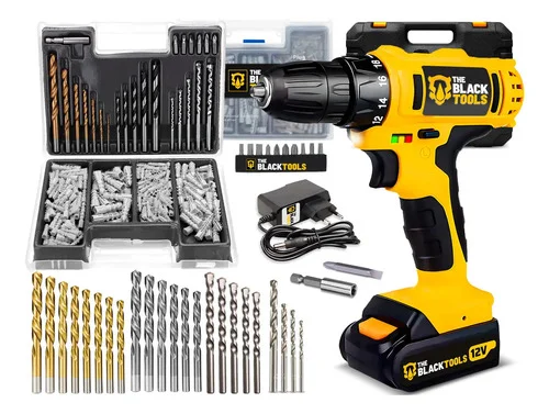 Parafusadeira Furadeira A Bateria 3/8” 10mm 1350rpm Bivolt The Black Tools + Jogo De Brocas Bits E Buchas 300 Peças