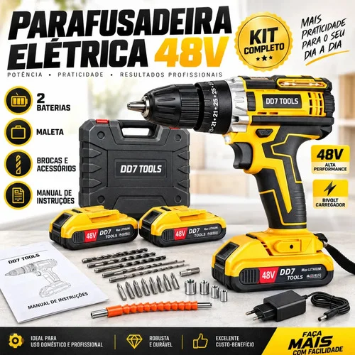 Parafusadeira Furadeira De Impacto Sem Fio 48v 2 Baterias Kit Completo Maleta Acessórios Bivolt Velocidade Ajustável Led Torque Mandril 3/8 Profissional ESPUMA VIVA